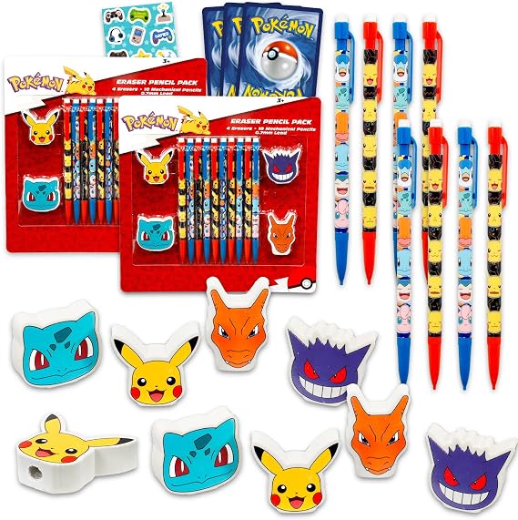 Pokemon Mechanical Pencils 20 Count Party Favors Bundle | 0.7mm Bulk Pikachu Pencil Set with 20 Pencils, 8 Erasers, Plus Stickers, More | Pokemon Classroom Supplies for Kids