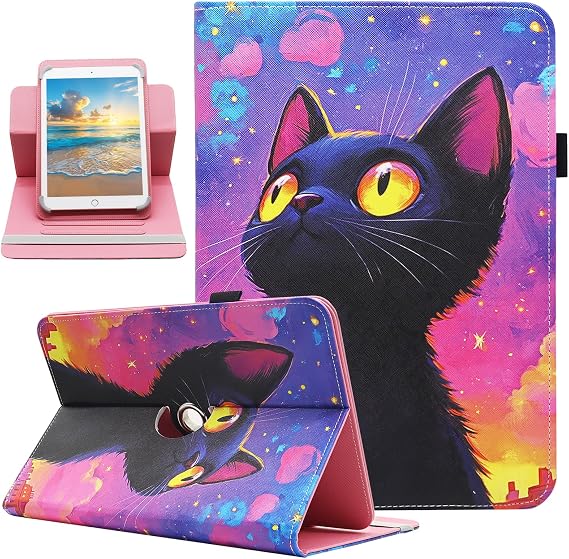 Universal 10 10.1 Inch Android Tablet Case, Dluggs 360 Degree Rotating Multi-Angle Viewing Stand Universal Case Cover for 10 10.1 and All 9.5-10.5 Inch Tablet, Black Cat