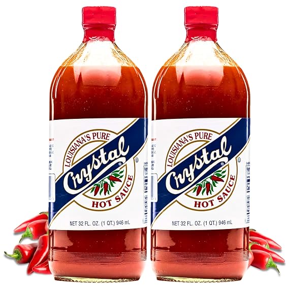 Crystal Louisiana's Pure Hot Sauce, 32 Ounce (Pack of 2) - Aged Cayenne Peppers, Medium Heat, Flavor Gumbo to Bloody Mary's (Exclusive Amazon Recipe Card Included)