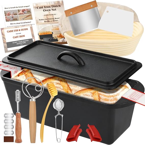 NZQXJXZ 35 cm Bread Baking Mould with Lid Cast Iron Pot Dutch Oven Cast Iron Pan for Bread Baking Banneton Bread Proofing Basket Sourdough Bread Baking Accessories for Loaf Mould Toast Bread Baking Mould Square