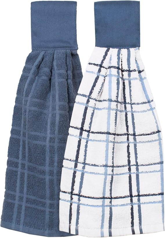 Ritz Premium 100% Cotton Solid and Multi Check Kitchen Tie Towel, Absorbent, Super Soft, and Fast Drying Hang Towel, Set of Two, Federal Blue