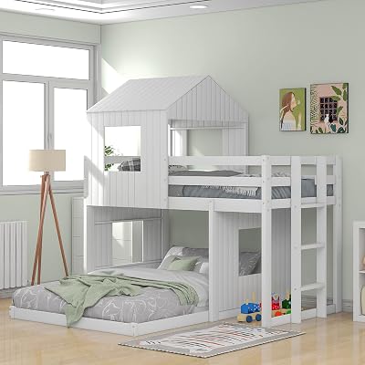 Twin Over Full Wooden Loft Bed, Bunk Bed with Playhouse, Farmhouse, Ladder and Guardrails for Kids, Toddlers, Boys and Girls, No Spring Box Required White