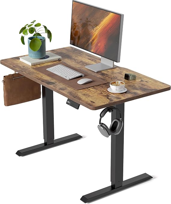 FEZIBO Electric Standing Desk 100 X 60 cm Heigh Adjustable Standing desk, Ergonomic Home Office Desk for sit stand Table with Splice Board & Rustic Wood Grain Surface