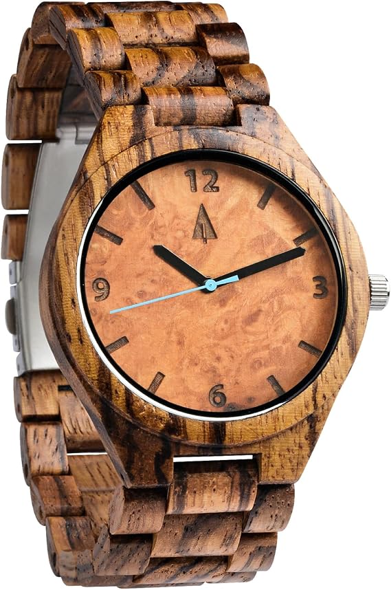 Treehut Wooden Watch for Men Japanese Quartz Movement Stylish Exotic Watch with Adjustable Stainless Steel Buckle Wood Strap, Ebony and Zebrawood Watch Relojes Para Hombre Black Zebrawood 4, Black