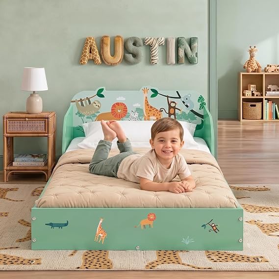 Delta Children Safari Wood Floor Toddler Bed with Reusable Stickers, Green