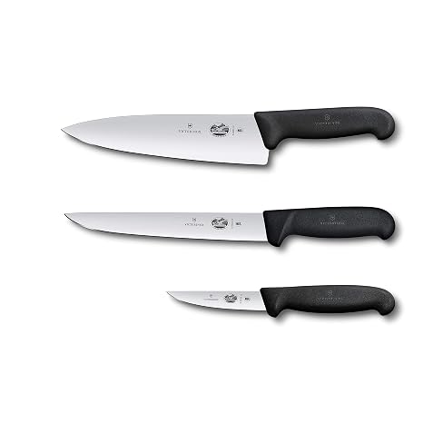 Victorinox Fibrox 3 Piece Chef's Set - Carving and Paring Knives, Black | Professional grade NSF approved cutlery featuring ergonomic non-slip handles and dishwasher safe stainless steel blades