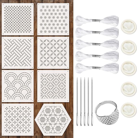 Yousoontic 24 Sashiko Stencil Kit, 4.7" Plastic Templates, Classic | Geometric Patterns for Quilting Embroidery, Includes Thimble Needles Thread, Reusable Kit for Sashiko Stitching Projects