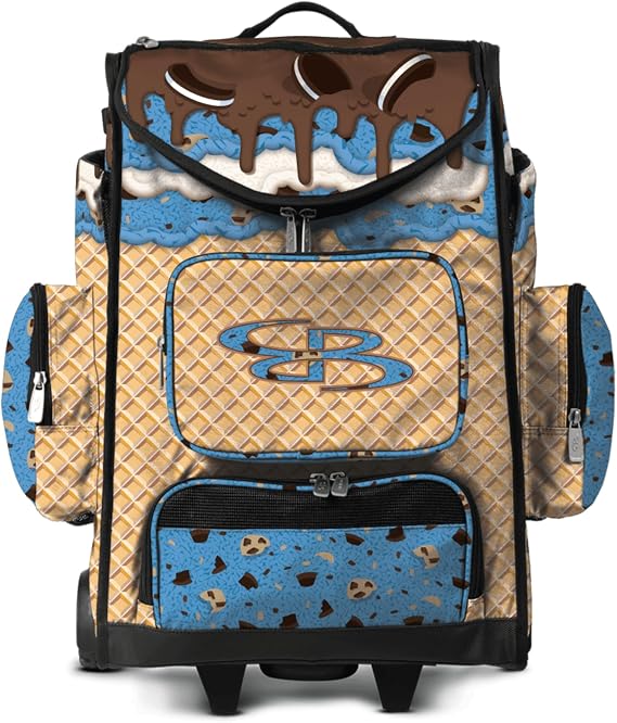 Boombah Ultrapack Hybrid Rolling Bat Bag - Wheeled & Backpack Version - Ice Cream Monster Cookie Gold/Columbia Blue/Brown