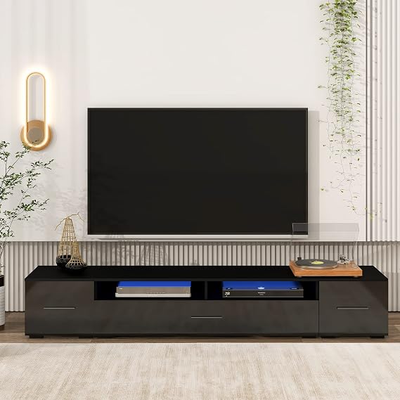 BAMACAR LED Stand TV - 85 Inch Black TV Stand For 70-90 Inch TVs, Modern LED Entertainment Center with Storage