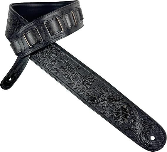 Walker & Williams LIF-02 Distressed Black Handmade Leather Padded Guitar Strap with Western Sheridan Tooling For Acoustic, Electric, And Bass Guitars