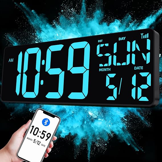 17.2" Large Digital Wall Clock Bluetooth Sync Time, LED Wall Clock with Date and Temperature, Count Up/Down Timer Clock with Remote Control, Adjustable Brightness Alarm Clock