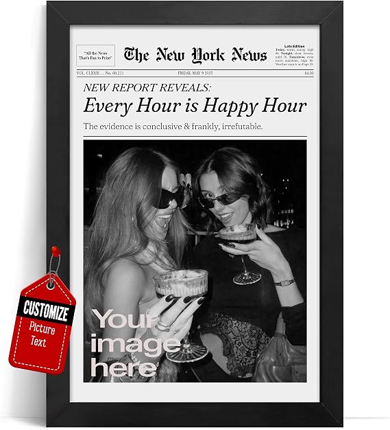 Custom Happy Hour Newspaper with Photo Poster New York News Trendy Style Print with Photo & Text, Party Gift for Friends, Girls Night Out, BFF Canvas Wall Decor Retro for Bedroom Dorm Living Room