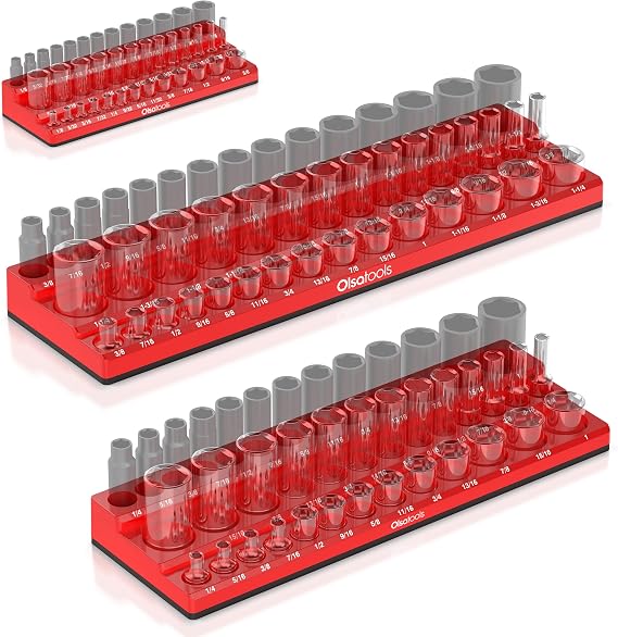 Olsa Tools Magnetic Socket Holder 3sets Drive Metric, 123 Sockets, Red