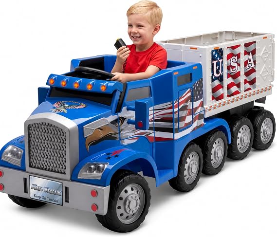 Kid Trax 12V Semi Truck Ride On Toy w/Detachable Cargo Trailer, Blue Eagle