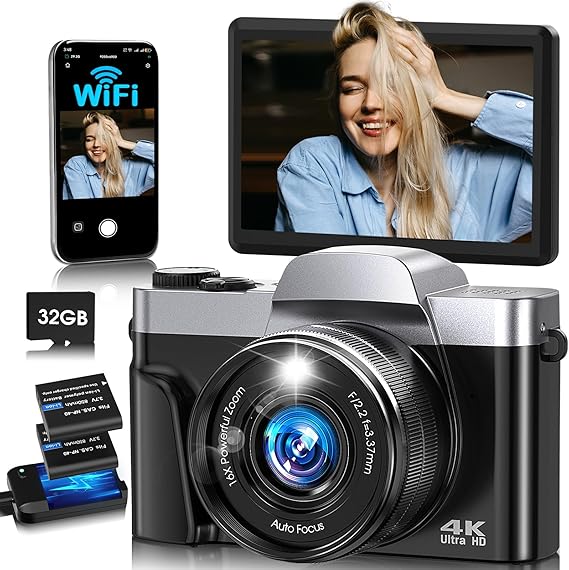 4K Digital Photography Camera with WiFi, 64MP Autofocus Vlog Camera for YouTube, 3" 180° Flip Screen Compact Travel Camera for Teens with 32GB SD Card, 16x Zoom Anti-Vibration, 2 Batteries Black