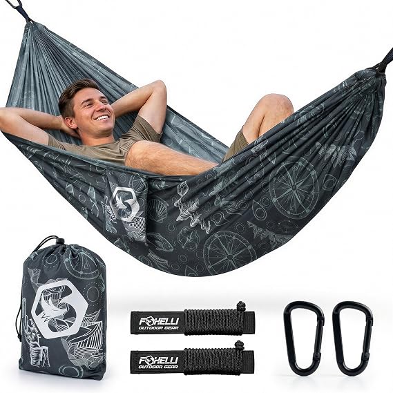 Foxelli Camping Hammock Ultralight Hammock for Backpacking, Hiking, Festivals, Travel - Easy Setup with Tree-Friendly Ropes & Steel Carabiners, Heavy Duty Parachute Nylon