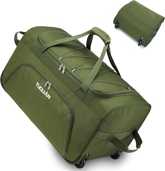 TUGUAN 110L Soft Luggage with Spinner Wheels, Foldable Large Rolling Travel Suitcase, Carry-On Check Luggage, 28'' Collapsible Wheeled Holdall for House Moving, Storage Duffle, Green