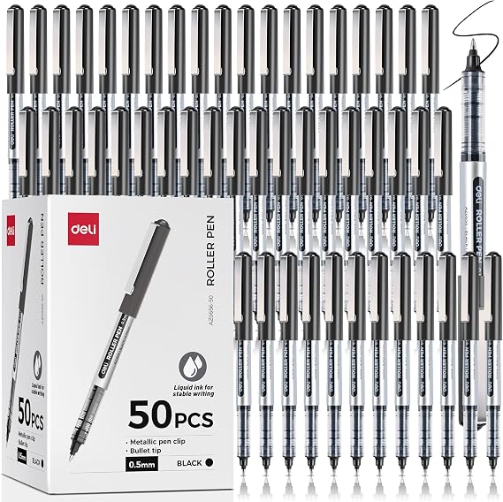 deli Rollerball Pens, 50 Pcs Roller Ball Pens, 0.5mm Black Ink