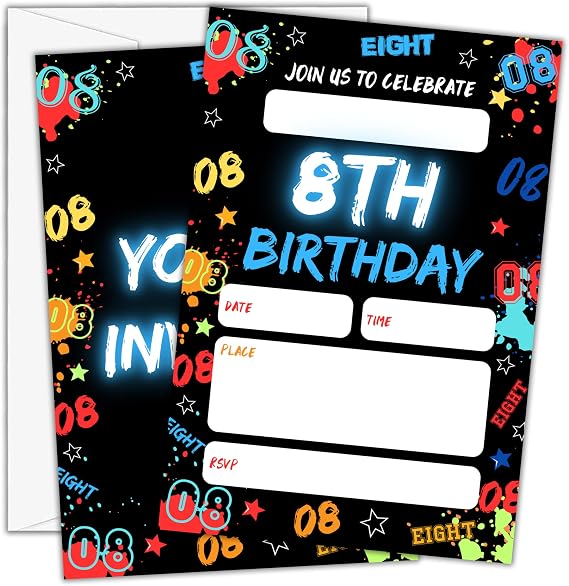 Birthday Invitations - Glow Neon 8th Bday Invites with Envelopes for Boys Girls(25-Count) - Digital Party Invite Cards for Party Supplies Favors Decorations-H03