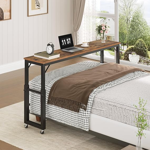 MAHANCRIS Overbed Table with Wheels, Mobile Bed Desk for Queen Size, Rustic