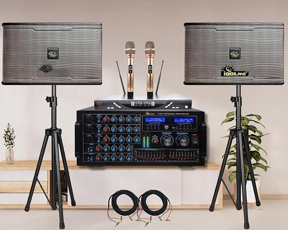 IDOLpro 6000W Professional Bluetooth Mixing Amplifier & Dual Wireless Microphones & 1200W 10" Speakers Home Karaoke System
