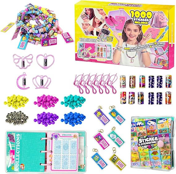 Sticky Rolls Bracelet Kit with Collection Book, 1000 Mini Sticker Set, Wearable & Shareable Sticky Rolls, Kids Beading Set for Bracelet & Necklace Making, 1000+ Designs (8 x Pendant & 10x Drop)