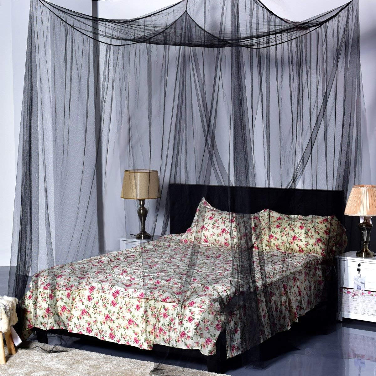 Goplus Mosquito Net, 4 Corner Post Bed Canopy, Quick and Easy Installation for King Size Beds Large Queen Size Bed Curtain Black