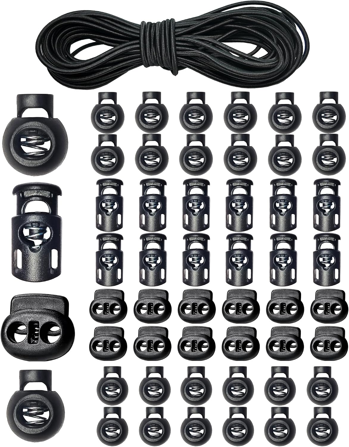 48pcs Plastic Cord Locks  11 Yards 18-inch Round Black Elastic Cord – Toggle Stoppers with Spring Clips & Stretch Shock Cord for Drawstrings, DIY, Sewing, Craft
