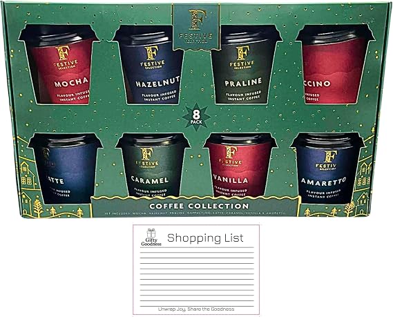 Festive Selection Coffee Collection – 8 Pack with Gifty Goodness Shopping List | Luxury Flavoured Coffee Gift Set, Christmas Hot Drinks Variety Pack for Coffee Lovers