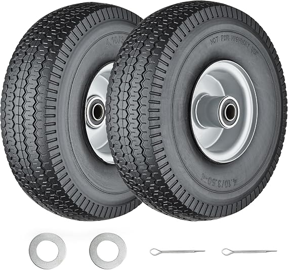 4.10/3.50-4 Tire and Wheel Flat Free -2Pack | Solid 4.10/3.50-4 Tires with 5/8Axle Bore, 10 Inch Tires and Wheels for Hand Truck Dolly Wagon Garden Cart Wheelbarrow