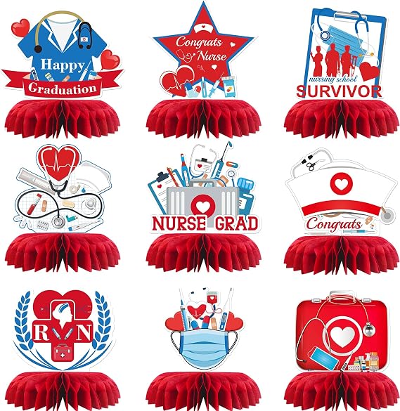 9Pcs Congrats Nurse Table Honeycomb Decorations, Red, RN Graduation Party Centerpieces, Congrats Nurse Grad, Medical Graduation Party Favor Decoration Supplies