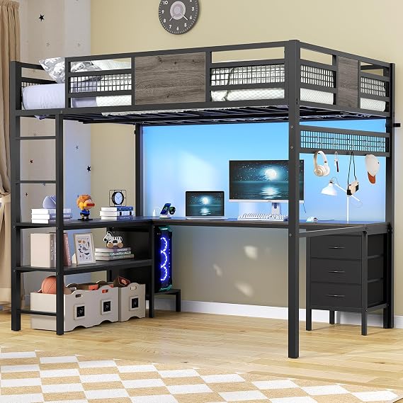 ADORNEVE Loft Bed Full Size with L-Shaped Desk and 3 Storage Drawers