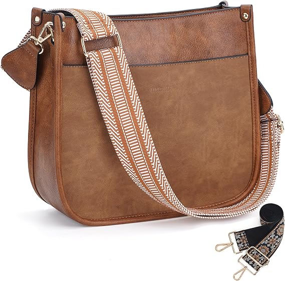 HKCLUF Crossbody Bags for Women Trendy Vegan Leather Hobo Handbags With 2PCS Adjustable Guitar Strap Shoulder Bucket Bags