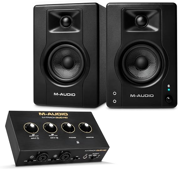 M-AUDIO BX4 Pair Bluetooth Studio Monitors Bundle with Dual XLR HD Audio Interface for Studio Recording, Music Production, Podcasting, Streaming