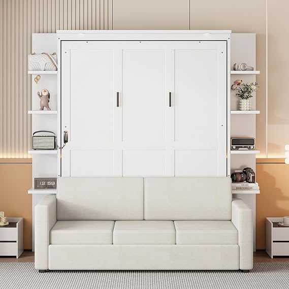 MERITLINE Queen Size Murphy Bed with Couch and Storage Shelves,Wood Fold up Murphy Bed Cabinet with Storage Shelves and Sofa,White