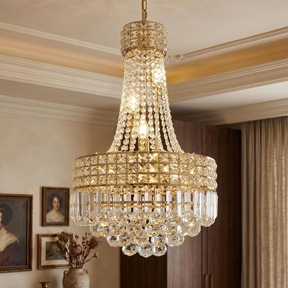 Modern Gold Empire Crystal Chandelier, Luxury Contemporary Oval Large Hanging Ceiling Light E14*6 Lights, 35.4 Inches Adjustable Chain, Dimmable for Staircase Kitchen Hallway D42cm [Energy Class F]