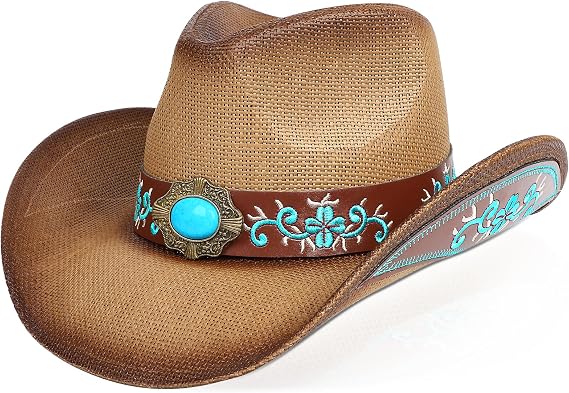 WQWOVRVO Cowboy Hat,Cowgirl hat,Brown/Black Cowboy Hats for Women Men Straw Wide with Shapeable Brim Cowboy Hat for Womens