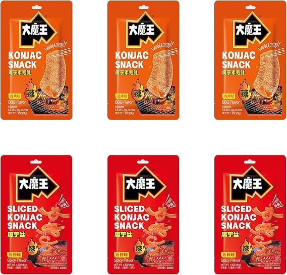 Mowon Konjac Snack Mixed Pack, Vegan Strip, BBQ*3 + Spicy*3, 54gx3 Each, Low Calorie, High Fiber, Paste Refreshing Crunchy-tender Chinese Food, HALAL Certified, Healthy Alternative-6 Bags