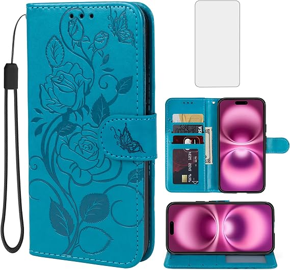 Case for iPhone 16 Plus Case, Apple 16 Plus Wallet Case with Tempered Glass Screen Protector, Flower Leather Flip Credit Card Holder Stand Phone Cover Cases for iPhone 16 Plus Blue