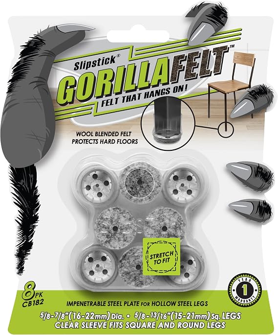Slipstick GorillaFelt 椅子脚床プロテクター 堅木張りの床用 クリアスリーブフェルトパッド 家具に留まる家具用 ラウンド&スクエア脚対応 プレミアム透明チェアソックス8個付き CB182