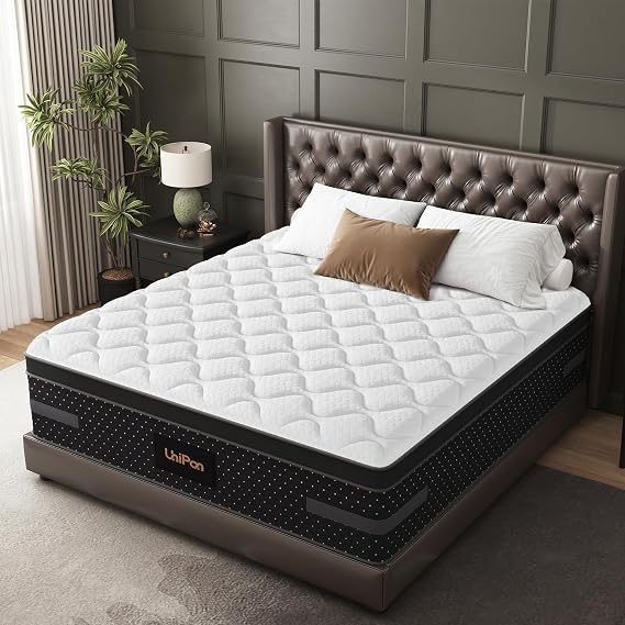 Medium Firm Queen Size Mattress, 14 inch Hybrid Mattress in a Box with Zoned Lumbar Support for Side Sleepers, Pressure Relief, Fiberglass Free,