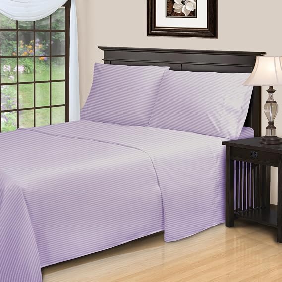 SUPERIOR Egyptian Cotton 300 Thread Count Bed Sheet Set, 1 Elastic Deep Pocket Fitted Sheet, 1 Flat Sheet, 2 Pillowcases, Daily Sheets, Luxury Home Essentials, Striped, Queen, Lavender