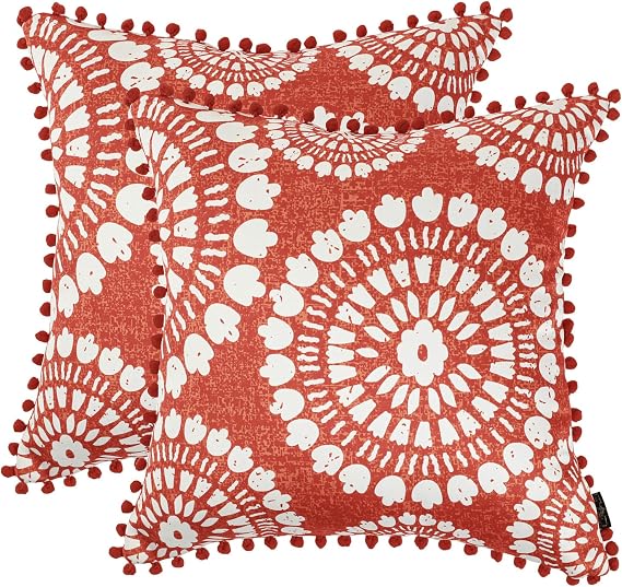Royal Blaze Burgundy Designer Floral Pom Pom Throw Cushion Cover Set of 2 18x18 Inches Soft Satin Pillowcases