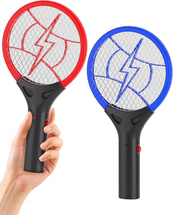 Mini Electric Fly Swatter Bug Zapper Racket, 2 Pack Battery Operated Mosquito Swatter, 3000VDC Red Blue Fly Zapper for Indoor Outdoor Camping, AA Batteries Not Included
