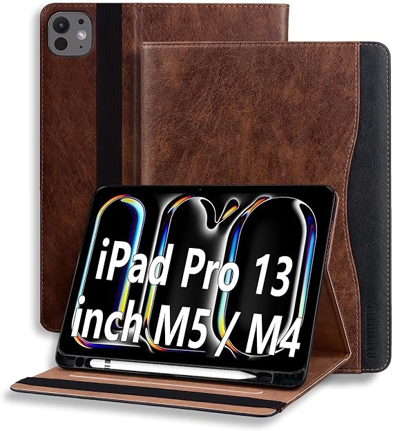 Case for iPad Pro 13 Inch M5/M4 (2025/2024) - Premium PU Leather Folding Stand Protective Case with Pen Holder and Document Slots Brown