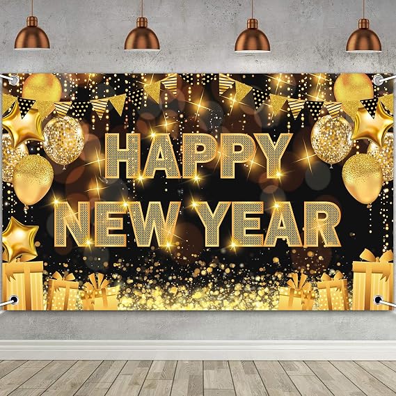 Happy New Year Decorations 2026, 71 * 44IN Happy New Year Banner 2026 Happy New Years Backdrop Party Supplies for Black and Gold New Years Eve Party Decorations 2026