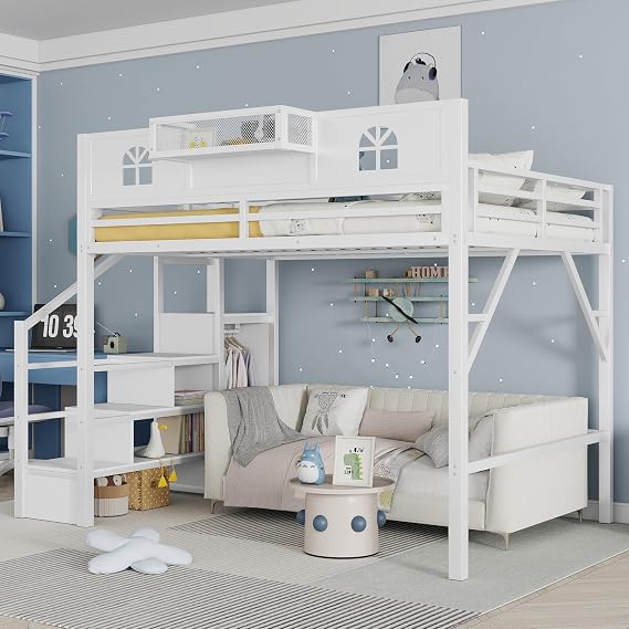 Queen Size Loft Bed with Storage Stair, Guardrail, White