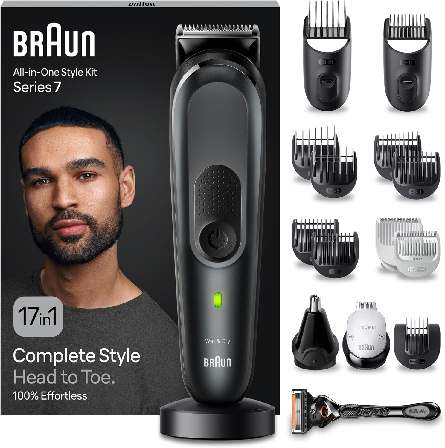 Braun All-In-One Trimmer Set 7 17-in-1 Multigroom Beard Trimmer Nose Hair Trimmer Hair Trimmer for Face Head and Body 100 Min Battery 14 Lengths 3-21 mm Waterproof MGK7491 Black