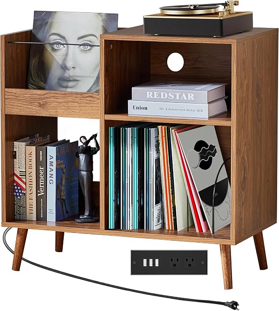 Mid-Century Vinyl Storage Cabinet Table with Solid Wood Legs, Turntable Stand with Power Outlet Holds up to 200 Albums, Record Player Holder Display Shelf, End Table for Bedroom Living Room-Walnut