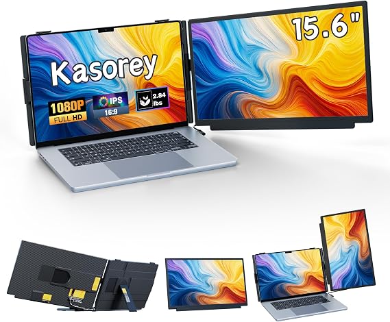 kasorey Laptop Screen Extender, 15.6" FHD 1080P Detachable Laptop Monitor Extender for 13-17.3" Laptop, Plug-Play Portable Laptop Extended Monitor, Slim 0.27" Travel Monitor for Wins/Mac/Android/PS5